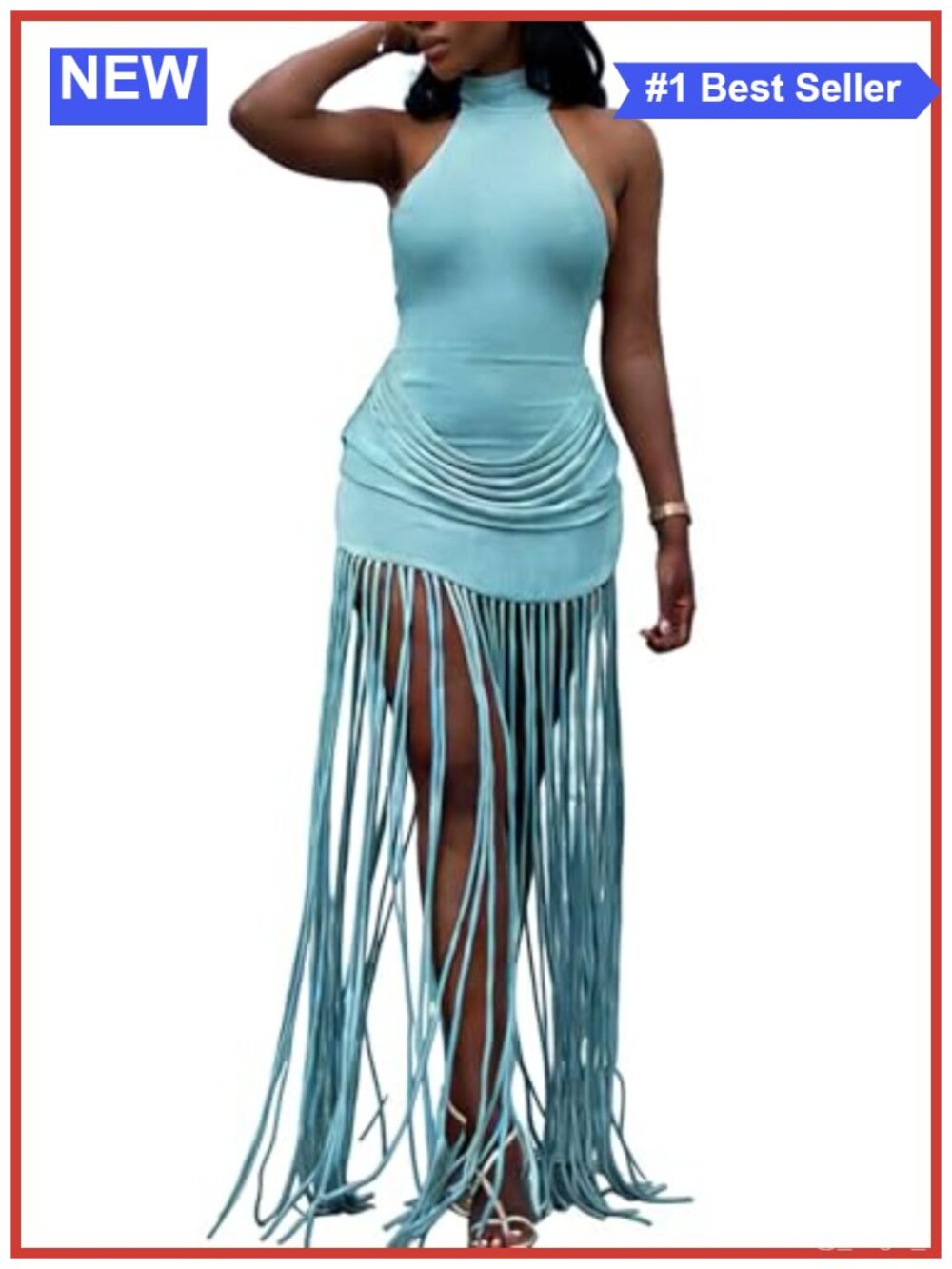 Women Halter Fringe Tassels Sleeveless Bodycon Club Maxi Dress